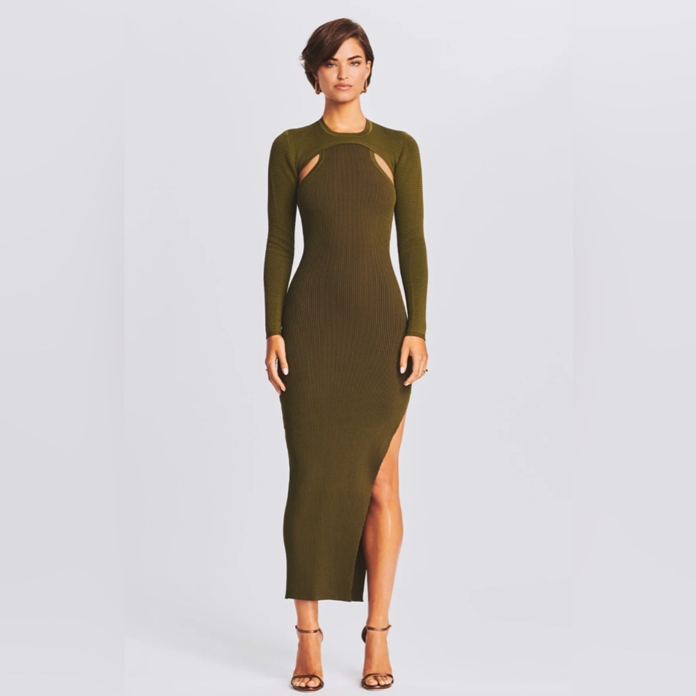 Retrofete SER.O.YA Valvid Rib Knit 2-piece Set of Dress & Shrug in olive green